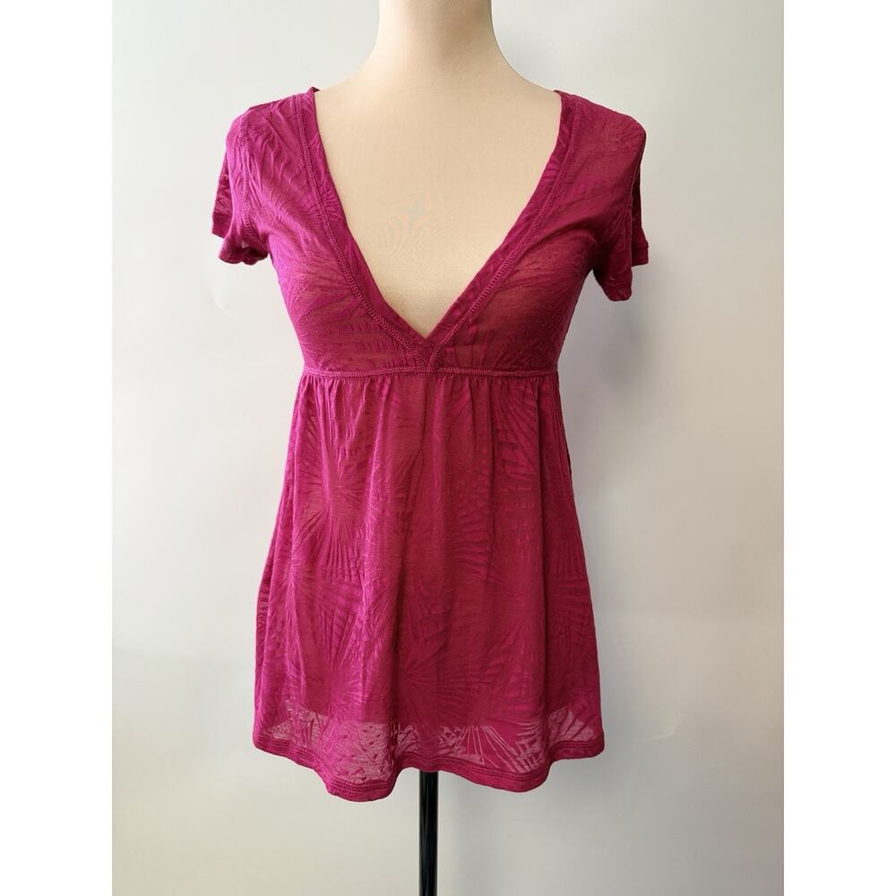 Y2K Babydoll Top Tunic Sheer Dark Pink Medium Deep V-Neck 2000s Punk Emo E Girl